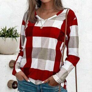 Suvimuga VNeck Top S Long Sleeve Red Gray Plaid 851